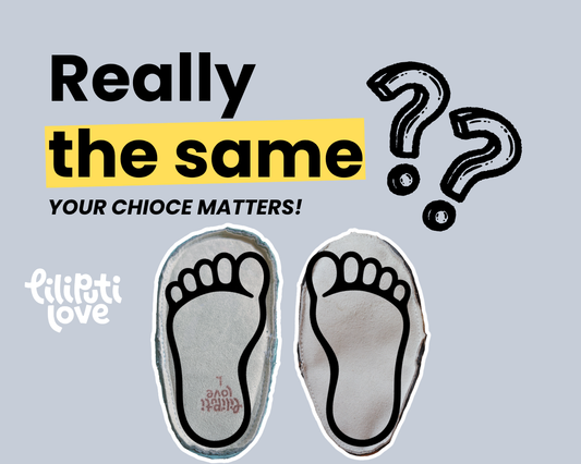 Liliputi Love – Are they really the same? Comparison of soft-soled children's shoes: an anatomically shaped sole that follows the foot's natural shape and a simple oval-shaped sole side by side.