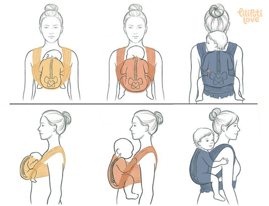 Ergonomic babywearing positions from newborn to toddlerhood, showing both front and back carries.